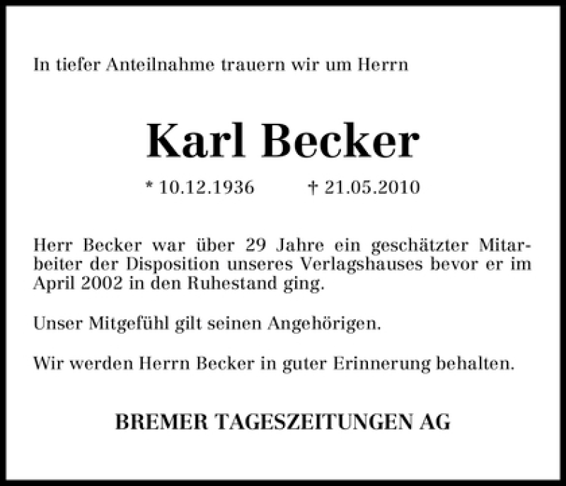 Traueranzeige von Karl Becker von WESER-KURIER