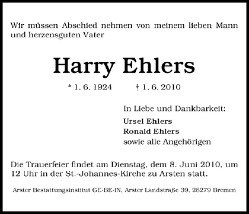 Traueranzeige von Harry Ehlers von WESER-KURIER