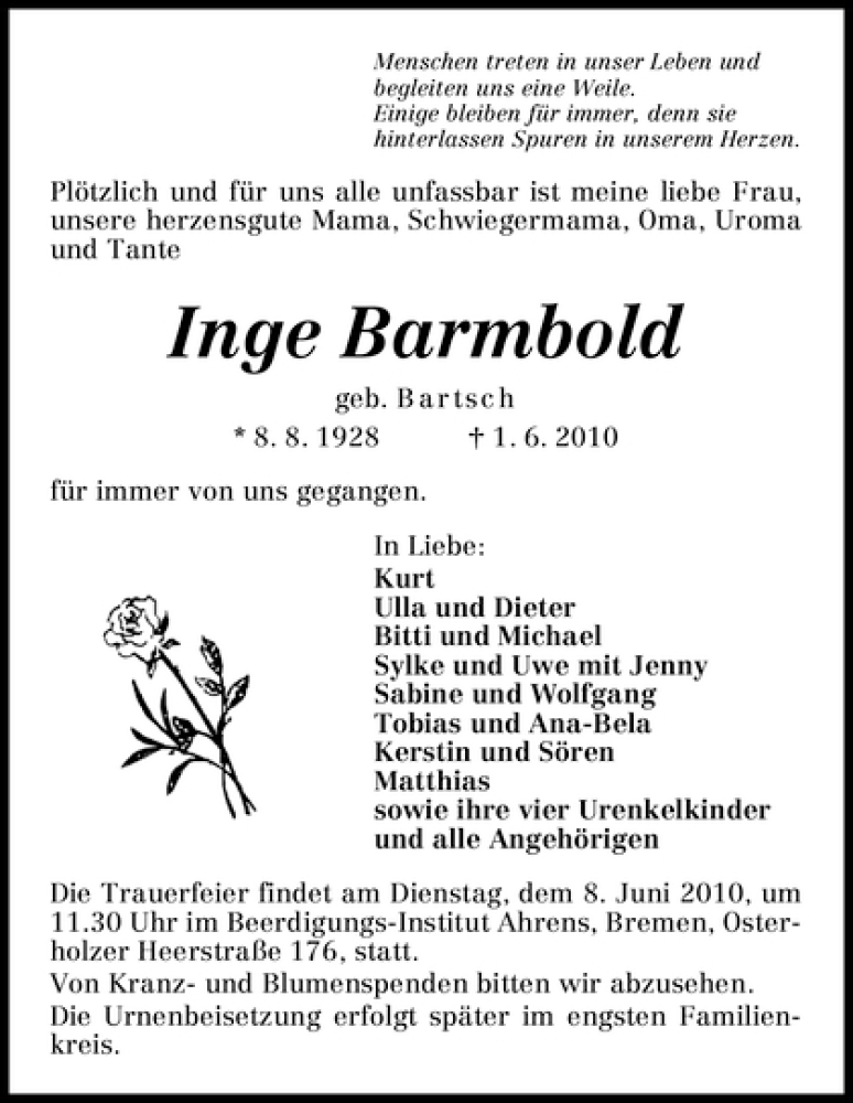 Traueranzeige von Inge Barmbold von WESER-KURIER