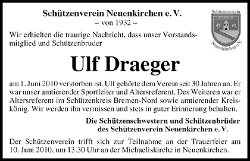 Traueranzeige von Ulf Draeger von WESER-KURIER