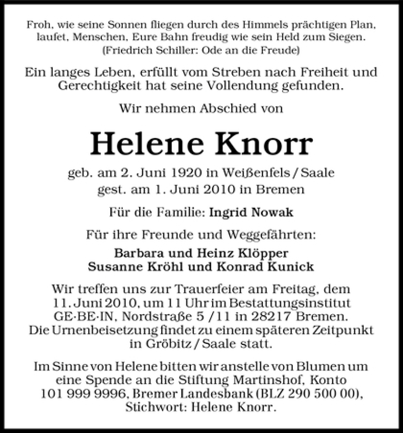 Traueranzeige von Helene Knorr von WESER-KURIER