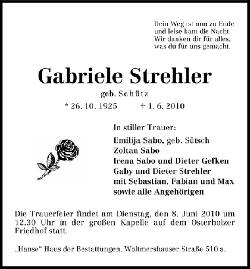 Traueranzeige von Gabriele Strehler von WESER-KURIER