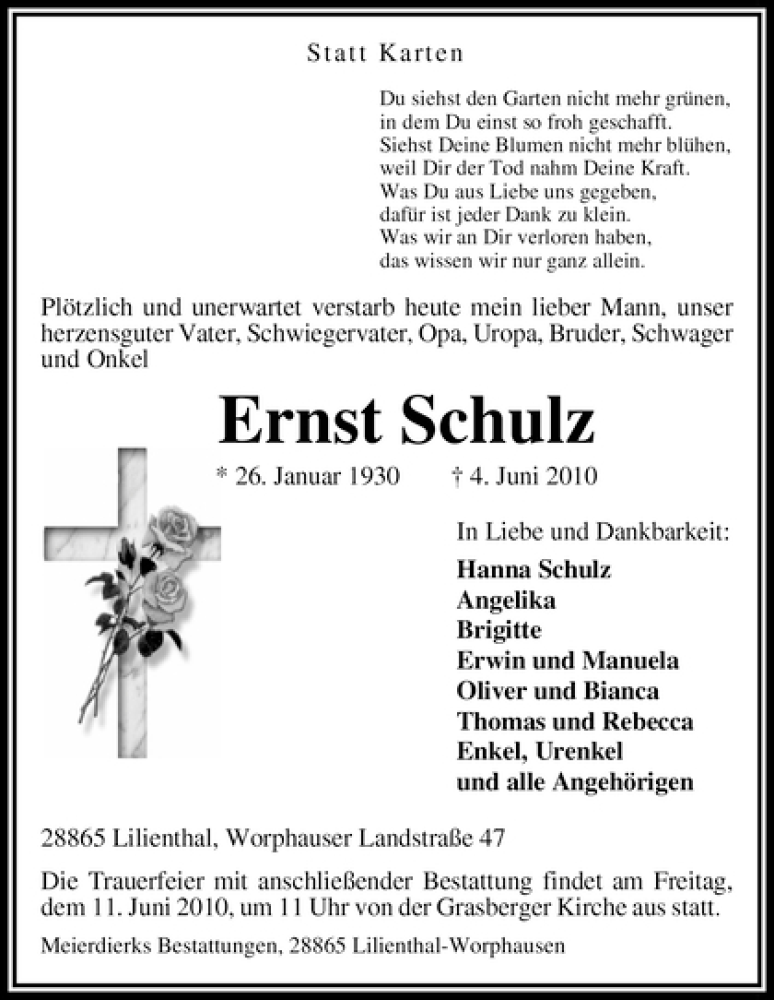 Traueranzeige von Ernst Schulz von WESER-KURIER