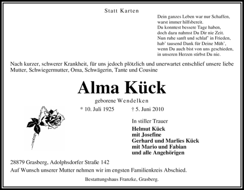 Traueranzeige von Alma Kück von WESER-KURIER