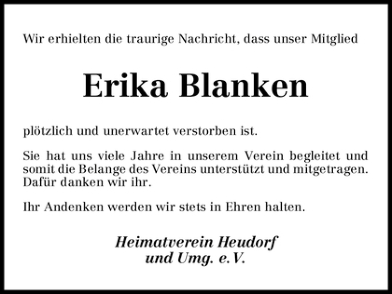 Traueranzeige von Erika Blanken von WESER-KURIER