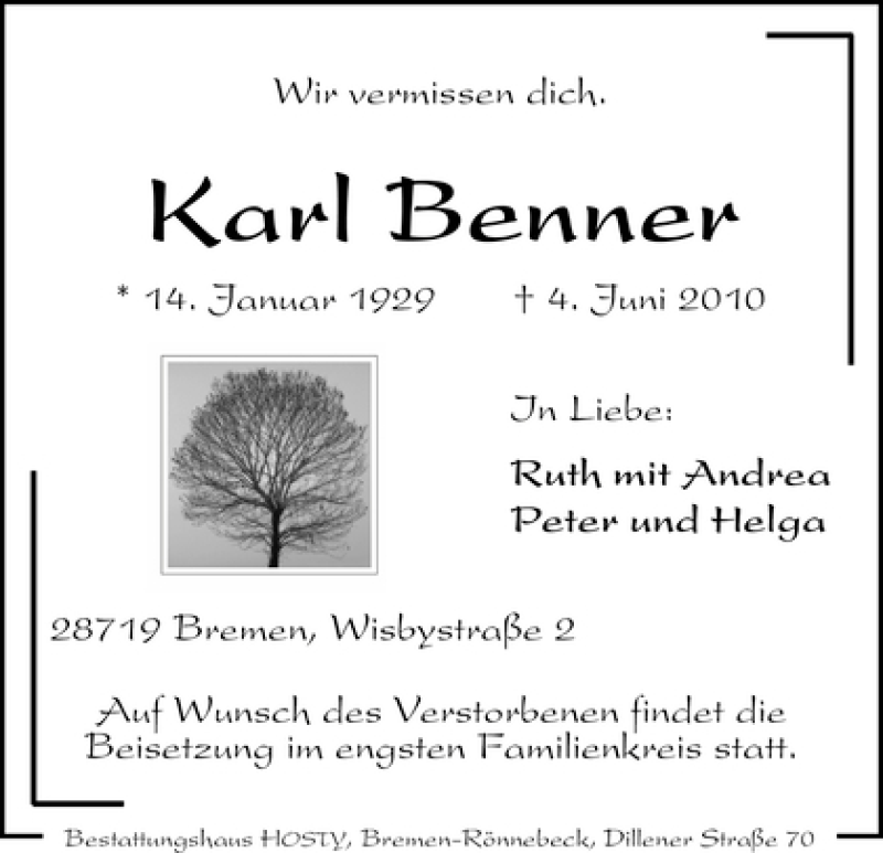 Traueranzeige von Karl Benner von WESER-KURIER