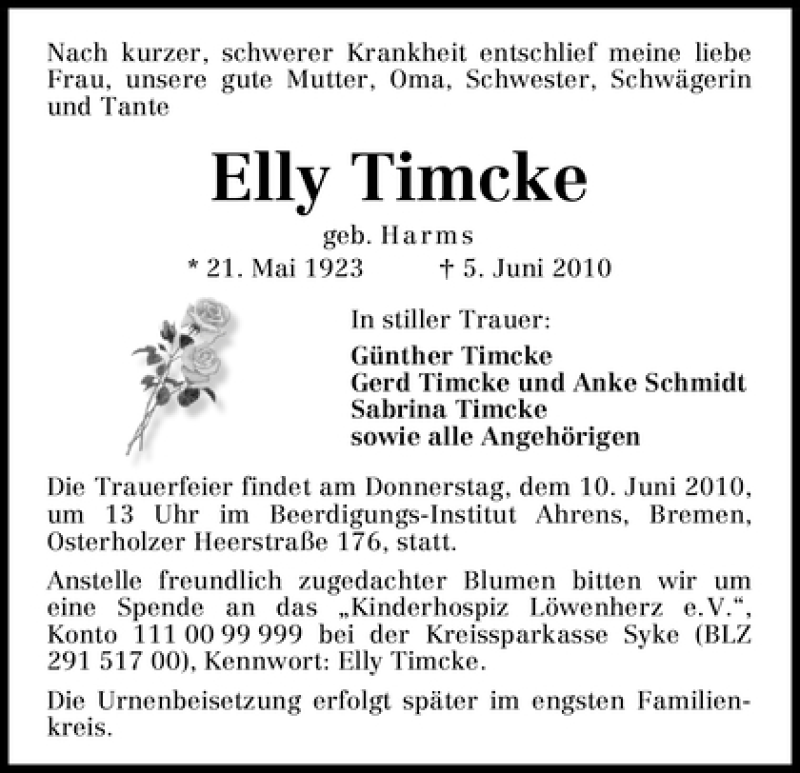 Traueranzeige von Elly Timcke von WESER-KURIER
