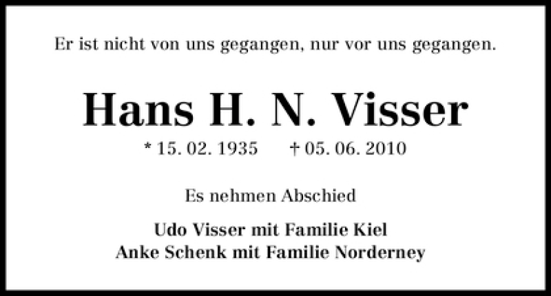 Traueranzeige von Hans H. N. Visser von WESER-KURIER