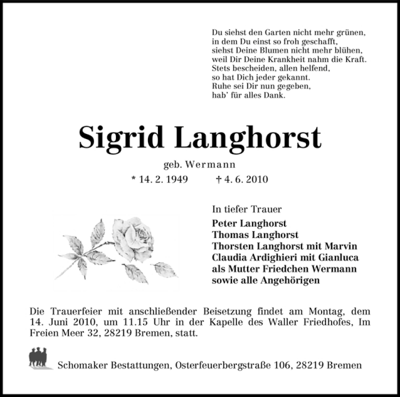 Traueranzeige von Sigrid Langhorst von WESER-KURIER