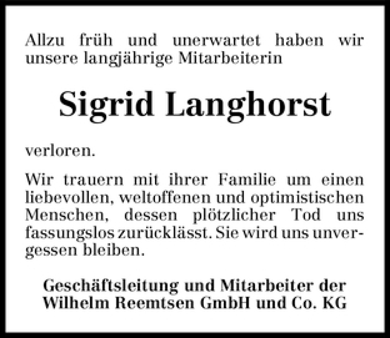 Traueranzeige von Sigrid Langhorst von WESER-KURIER
