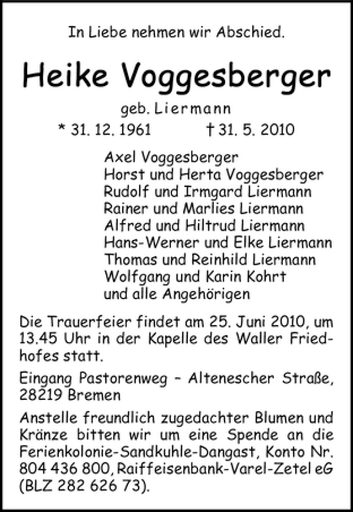 Traueranzeige von Heike Voggesberger von WESER-KURIER
