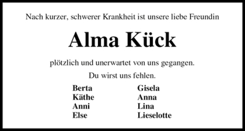Traueranzeige von Alma Kück von WESER-KURIER