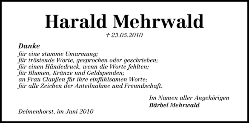Traueranzeige von Harald Mehrwald von WESER-KURIER