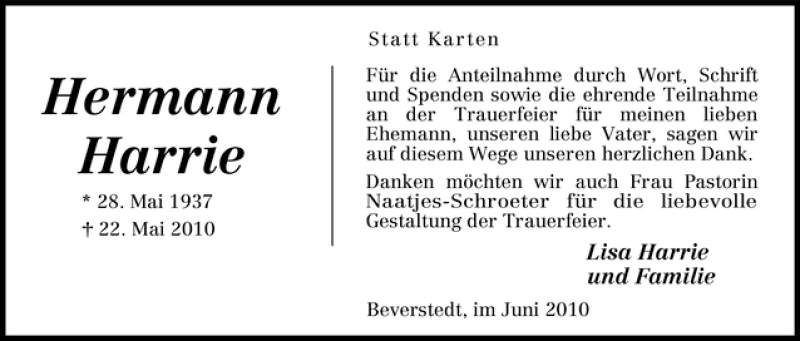 Traueranzeige von Hermann Harrie von WESER-KURIER