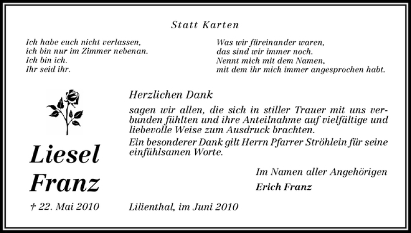 Traueranzeige von Liesel Franz von WESER-KURIER
