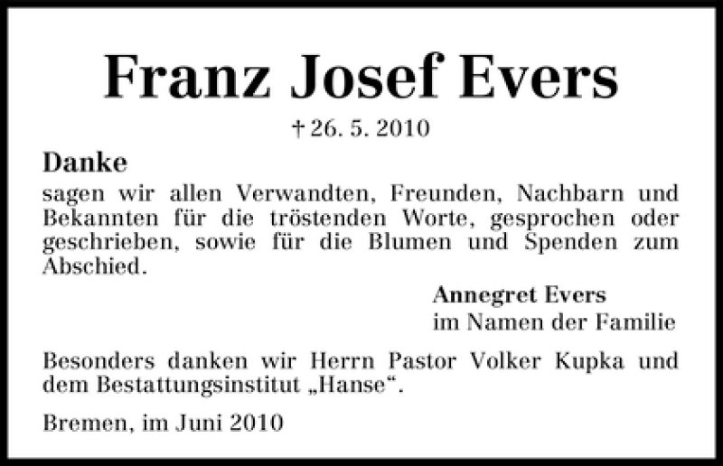 Traueranzeige von Franz Josef Evers von WESER-KURIER