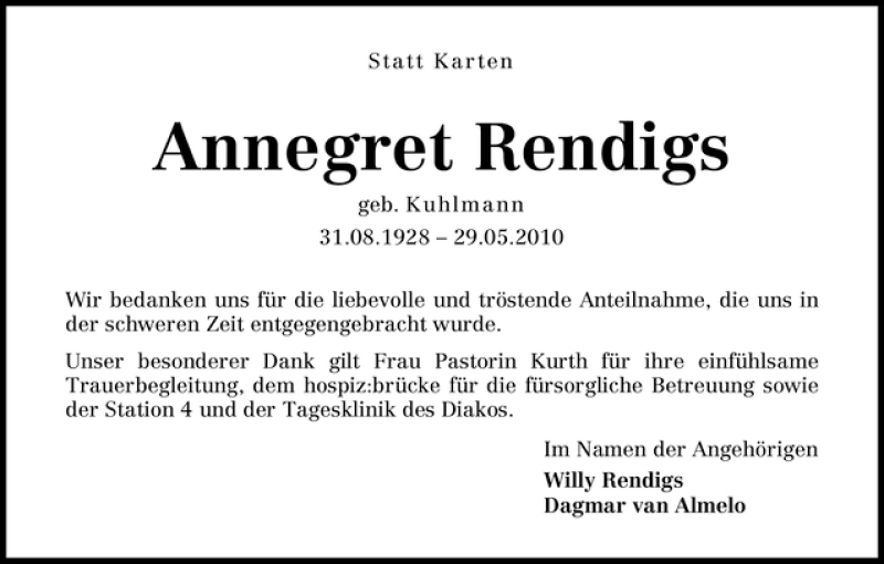 Traueranzeige von Annegret Rendigs von WESER-KURIER