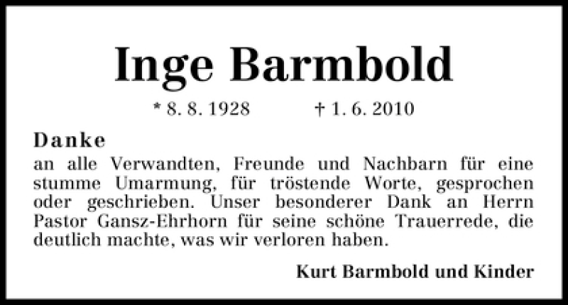 Traueranzeige von Inge Barmbold von WESER-KURIER