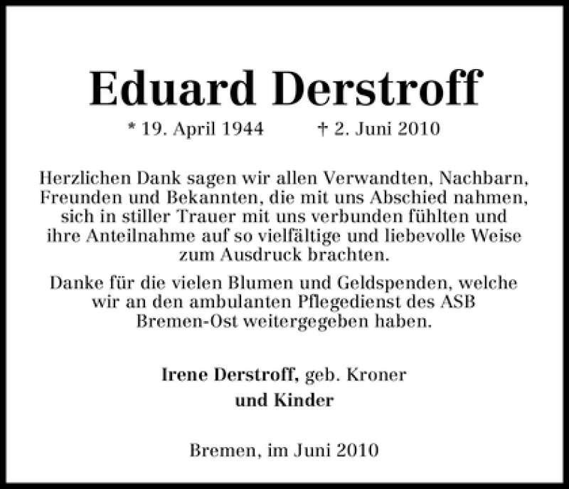 Traueranzeige von Eduard Derstroff von WESER-KURIER