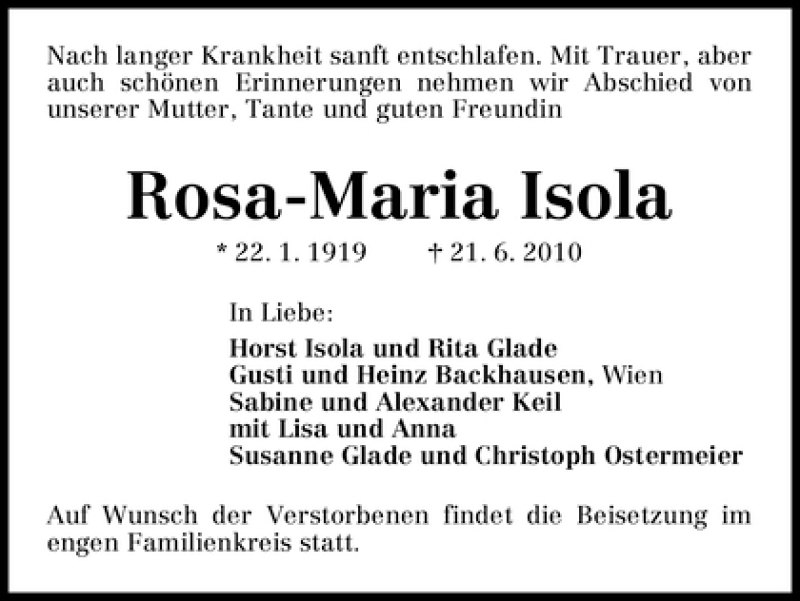Traueranzeige von Rosa-Maria Isola von WESER-KURIER