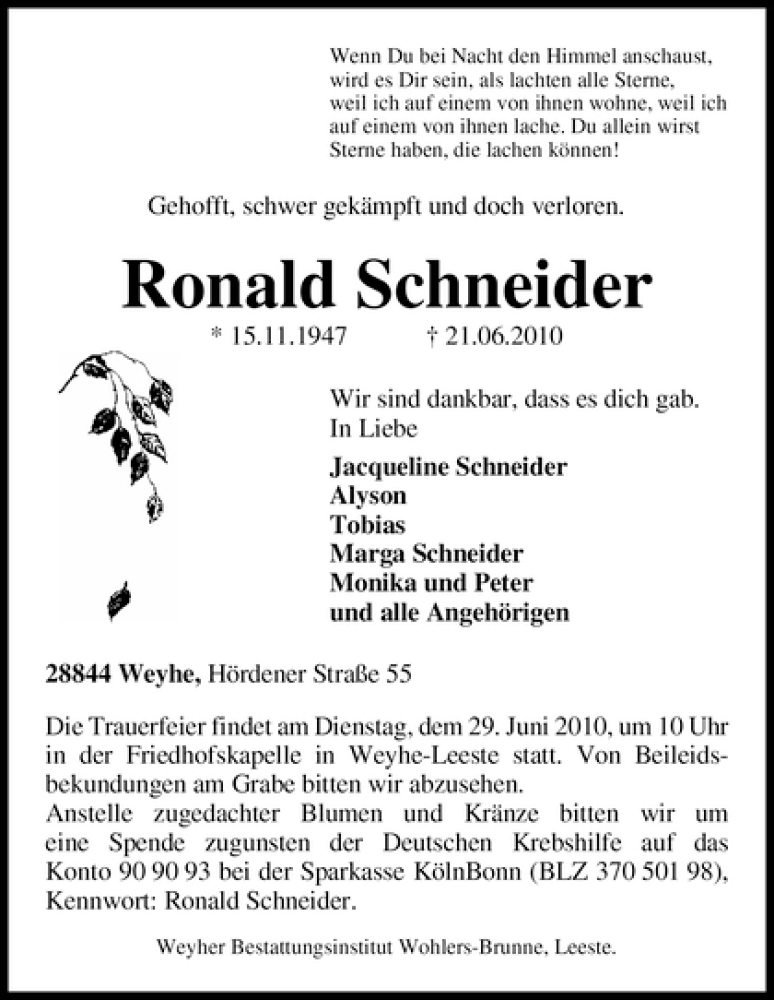 Traueranzeige von Ronald Schneider von WESER-KURIER