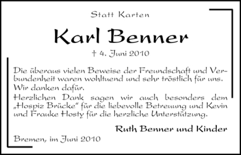 Traueranzeige von Karl Benner von WESER-KURIER