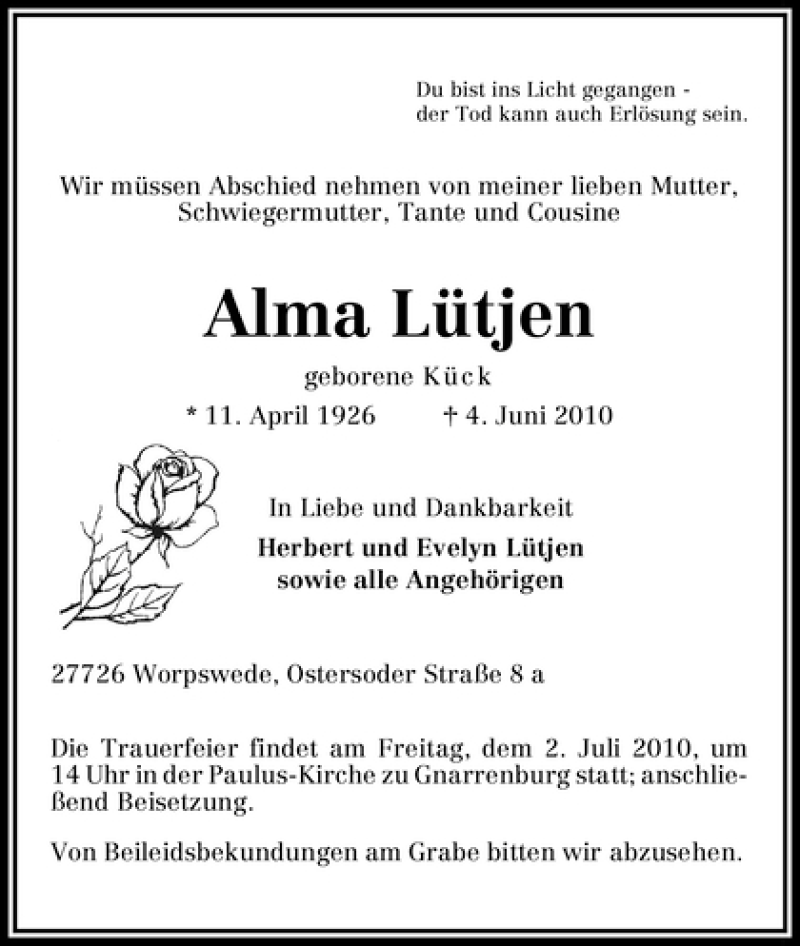Traueranzeige von Alma Lütjen von WESER-KURIER