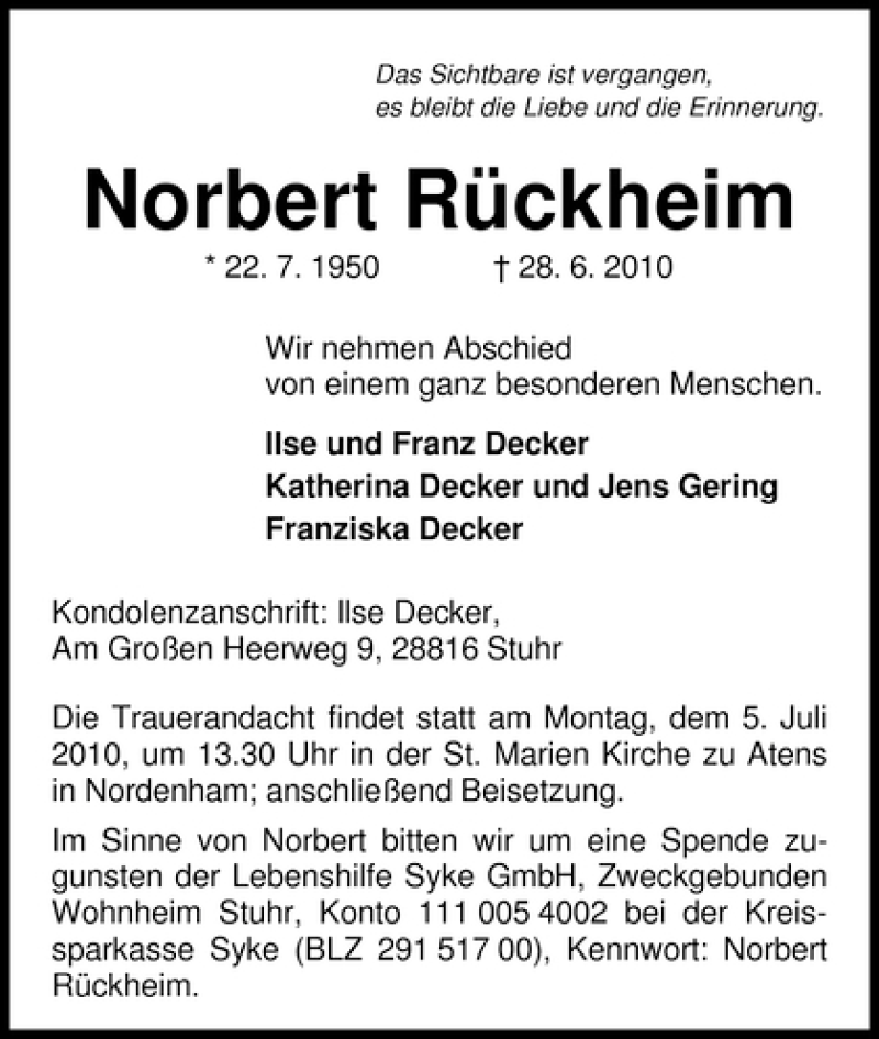 Traueranzeige von Norbert Rückheim von WESER-KURIER