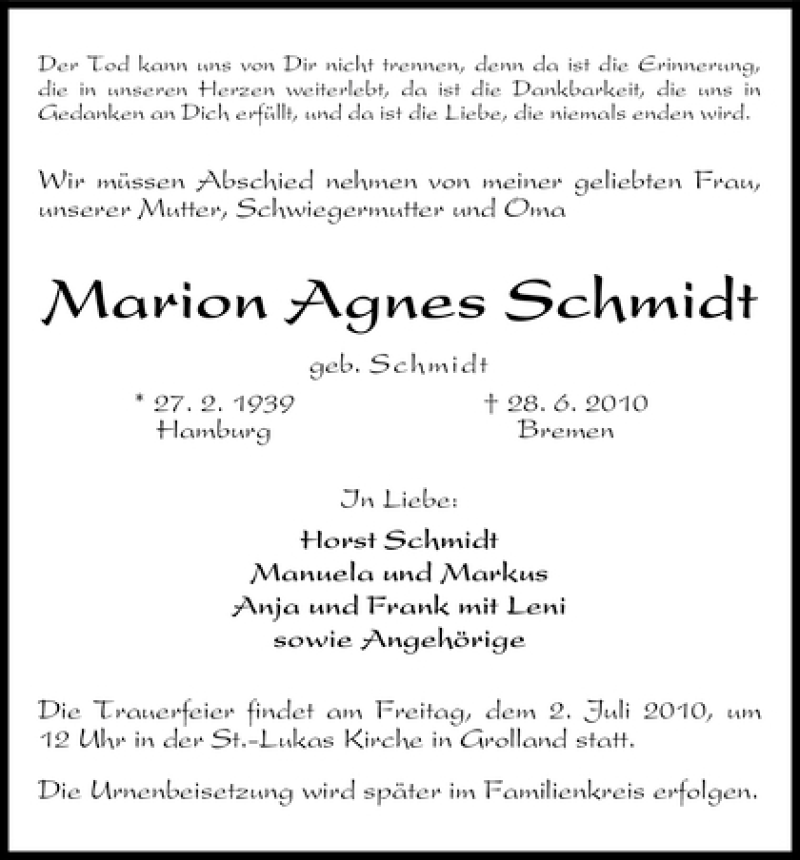 Traueranzeige von Marion Agnes Schmidt von WESER-KURIER