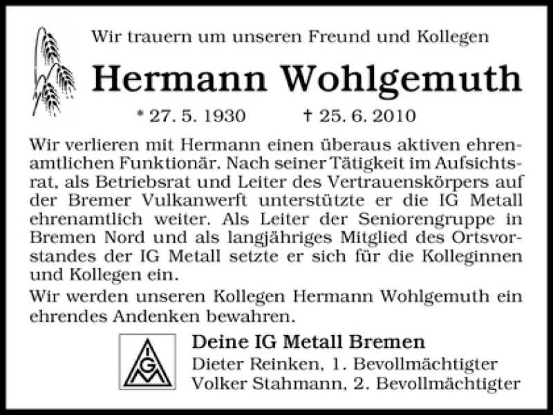 Traueranzeige von Hermann Wohlgemuth von WESER-KURIER