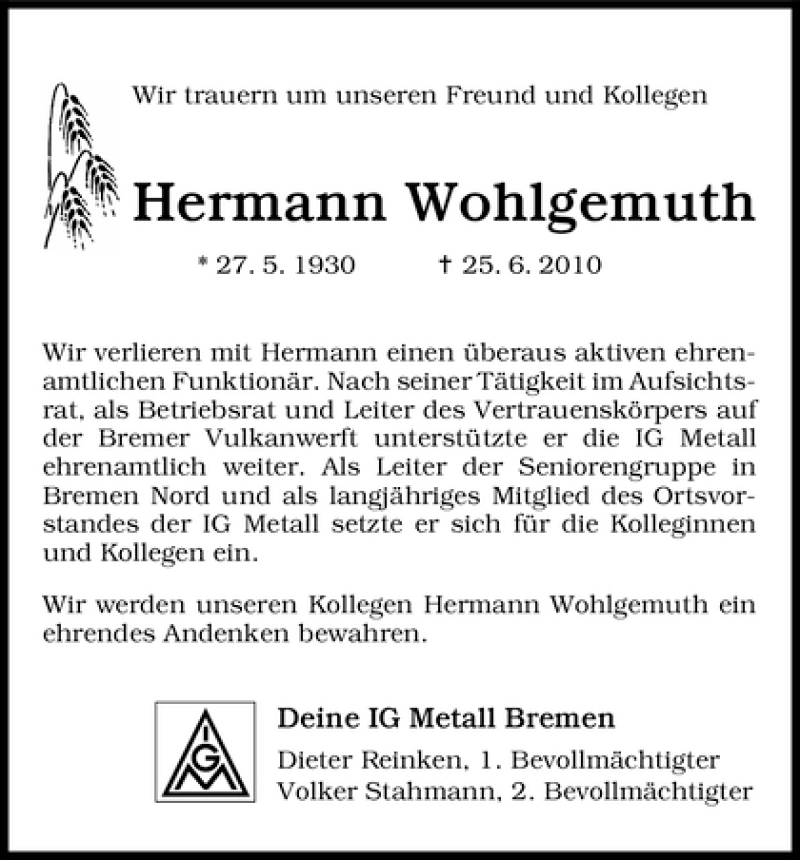 Traueranzeige von Hermann Wohlgemuth von WESER-KURIER