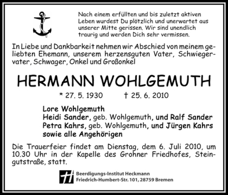 Traueranzeige von Hermann Wohlgemuth von WESER-KURIER