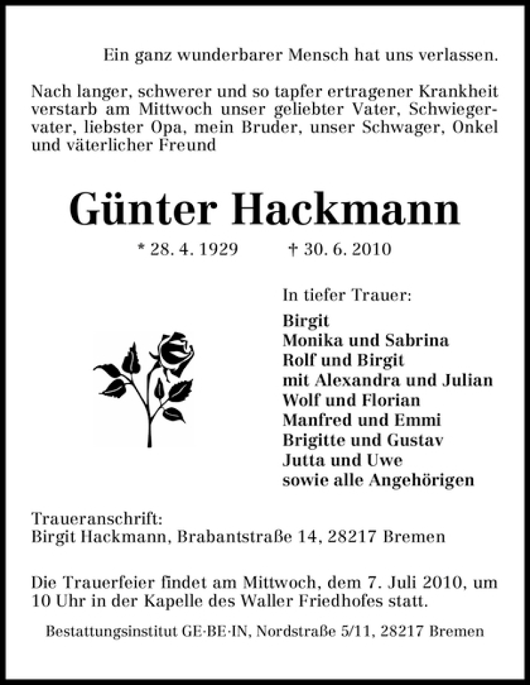 Traueranzeige von Günter Hackmann von WESER-KURIER