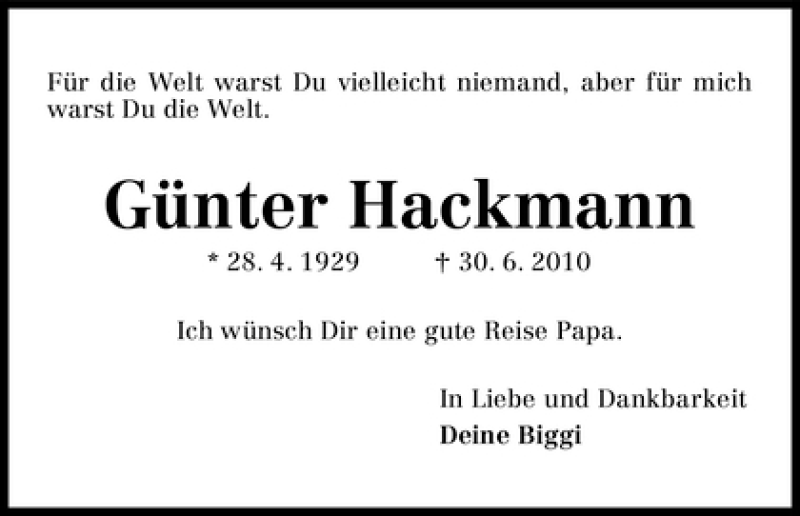 Traueranzeige von Günter Hackmann von WESER-KURIER