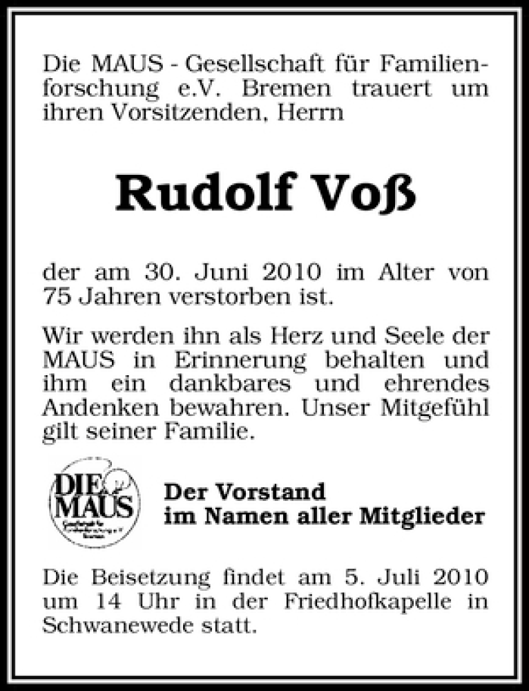 Traueranzeige von Rudolf Voß von WESER-KURIER