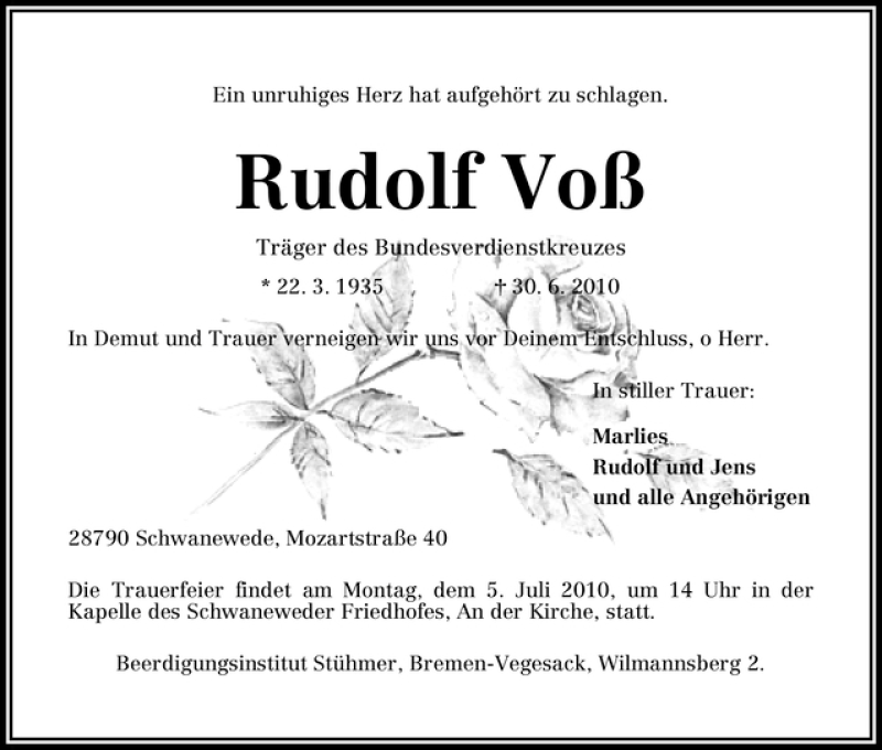 Traueranzeige von Rudolf Voß von WESER-KURIER