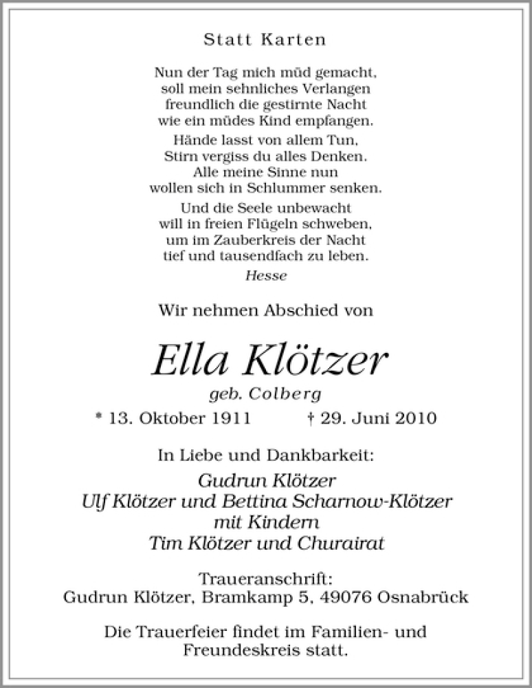 Traueranzeige von Ella Klötzer von WESER-KURIER
