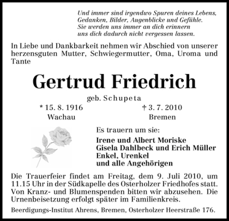 Traueranzeige von Gertrud Friedrich von WESER-KURIER