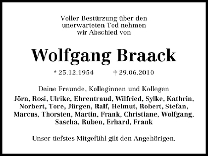 Traueranzeige von Wolfgang Braack von WESER-KURIER