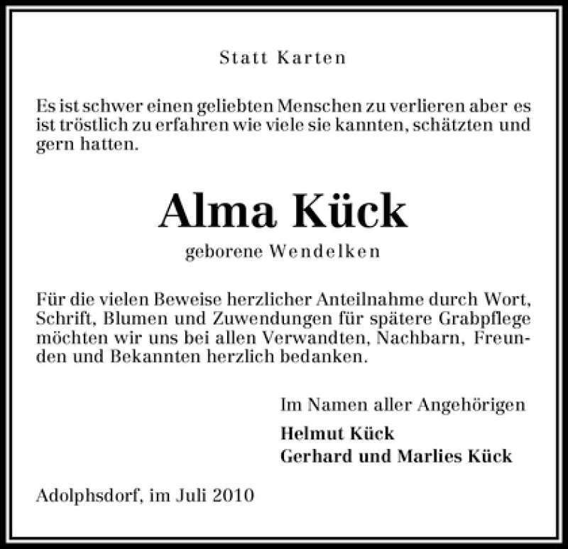 Traueranzeige von Alma Kück von WESER-KURIER