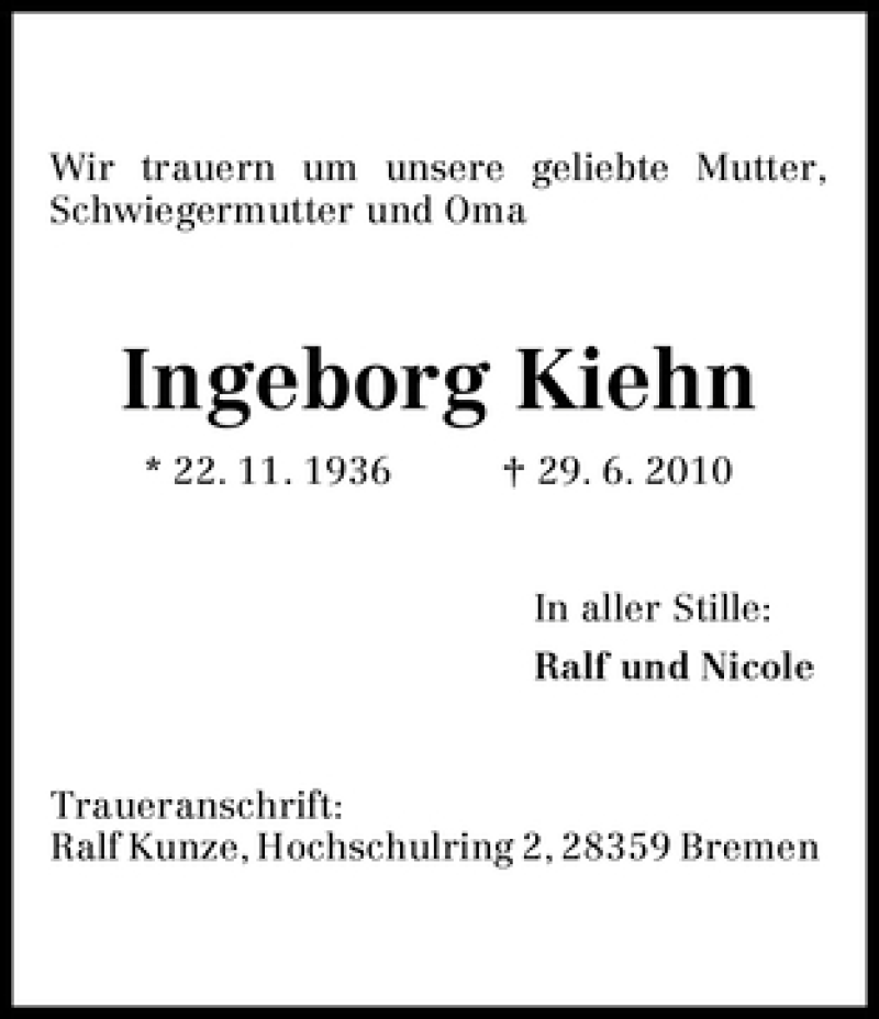 Traueranzeige von Ingeborg Kiehn von WESER-KURIER