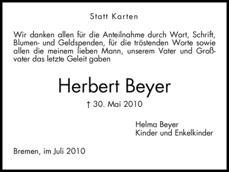 Traueranzeige von Herbert Beyer von WESER-KURIER