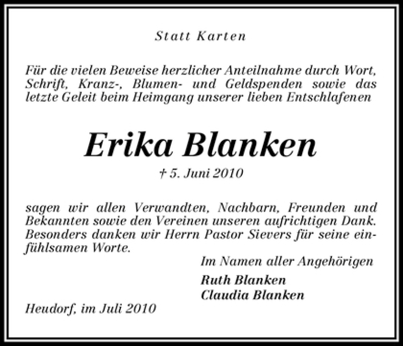 Traueranzeige von Erika Blanken von WESER-KURIER