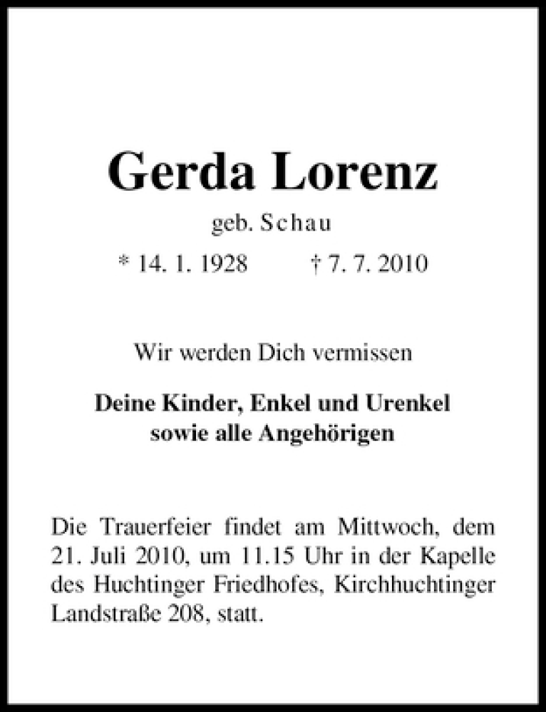 Traueranzeige von Gerda Lorenz von WESER-KURIER