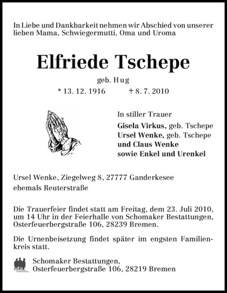 Traueranzeige von Elfriede Tschepe von WESER-KURIER