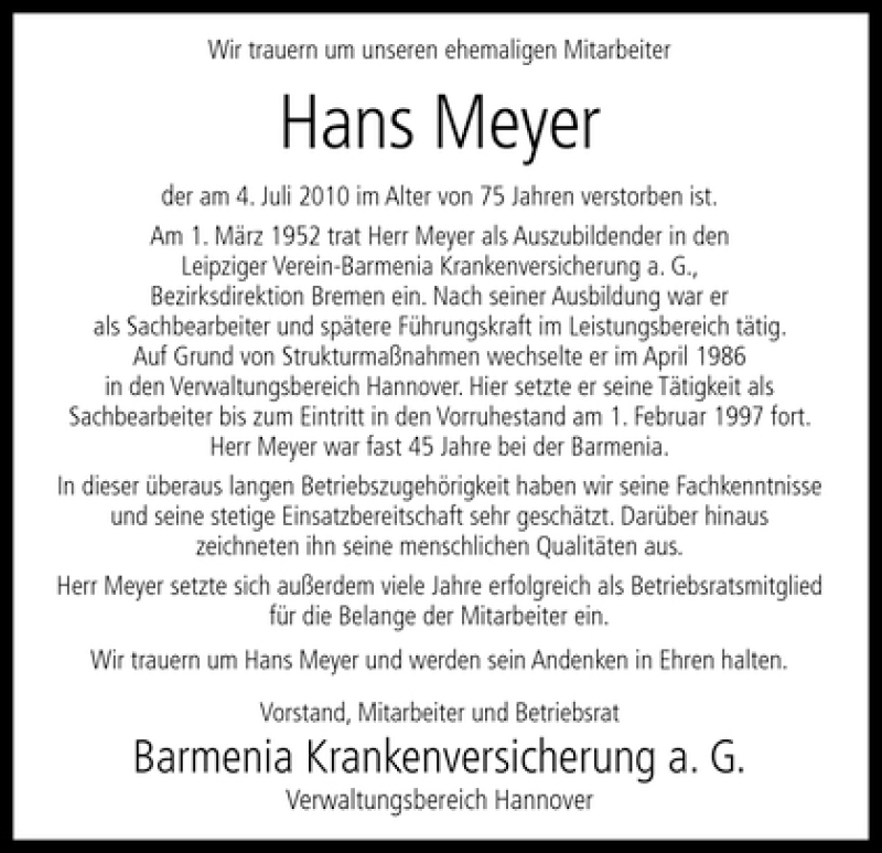 Traueranzeige von Hans Meyer von WESER-KURIER