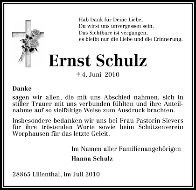 Traueranzeige von Ernst Schulz von WESER-KURIER