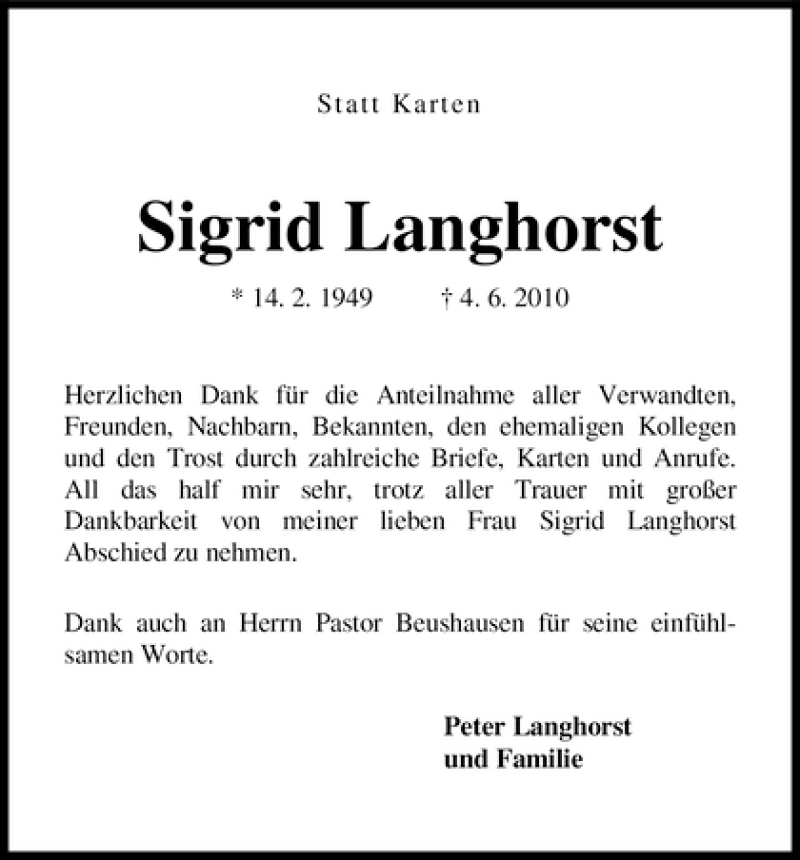 Traueranzeige von Sigrid Langhorst von WESER-KURIER