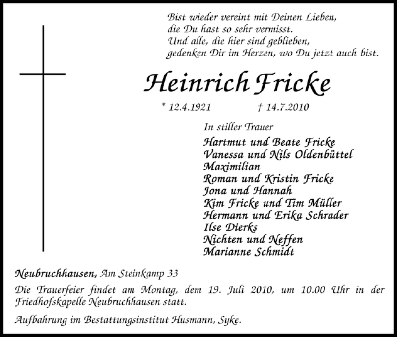 Traueranzeige von Heinrich Fricke von WESER-KURIER