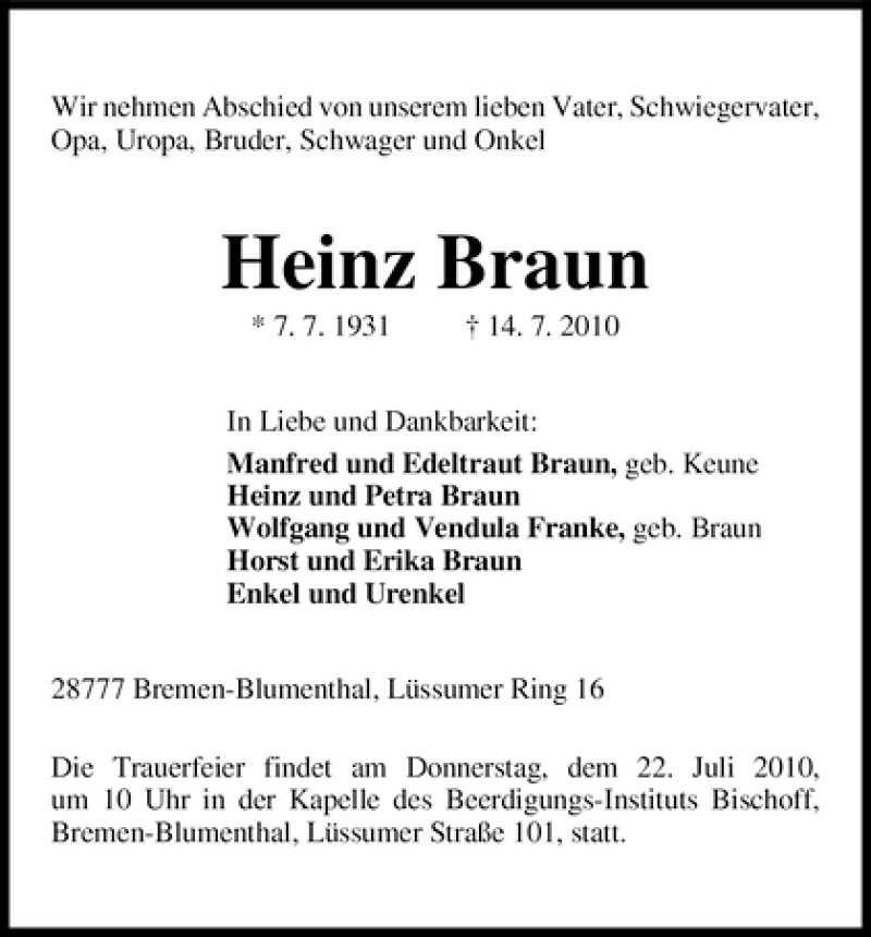 Traueranzeige von Heinz Braun von WESER-KURIER